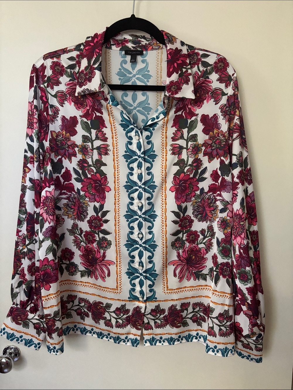 Talbots Soft Satin Charmeuse Floral Print Blouse Size Large